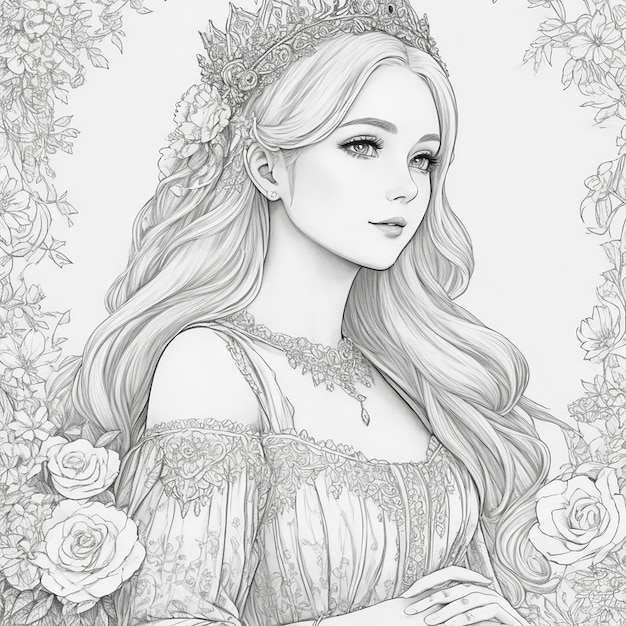 ink drawing art illustration coloring page of princess of American white hair