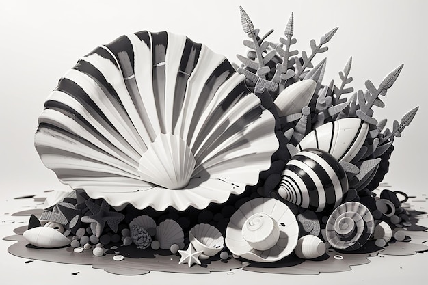 Photo ink drawing elegant seashell in black and white