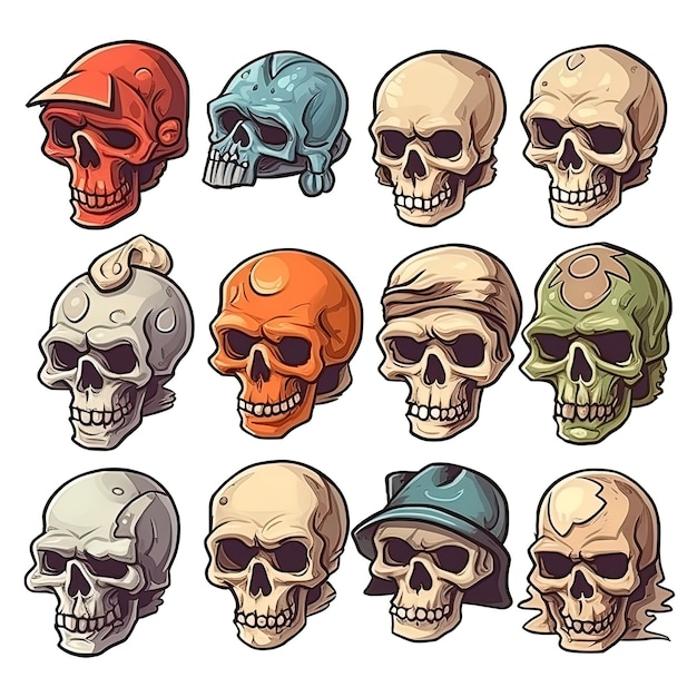 Ink drawing icons of highly detailed skulls in cartoon style Generative AI