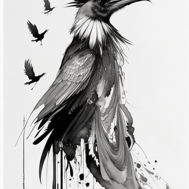 Фото Чернильный рисунок бокового профиля ворона модерн