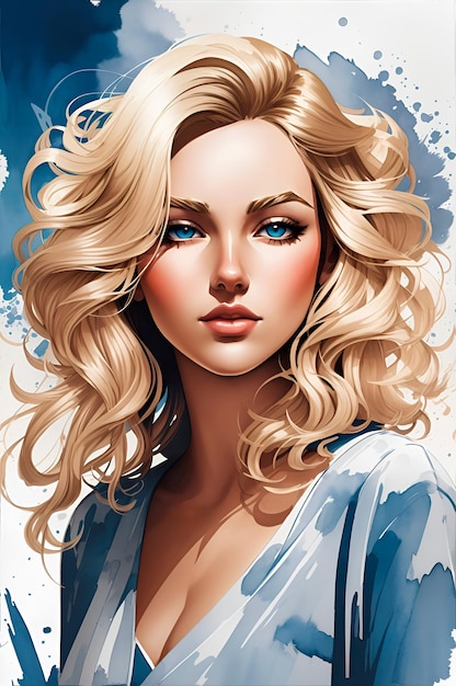 Ink drawing painting of a beautiful blonde woman digital illustration colorful