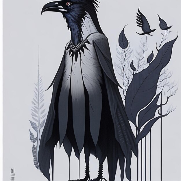 Photo ink drawing of a raven side profile moden