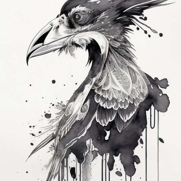 Photo ink drawing of a raven side profile moden