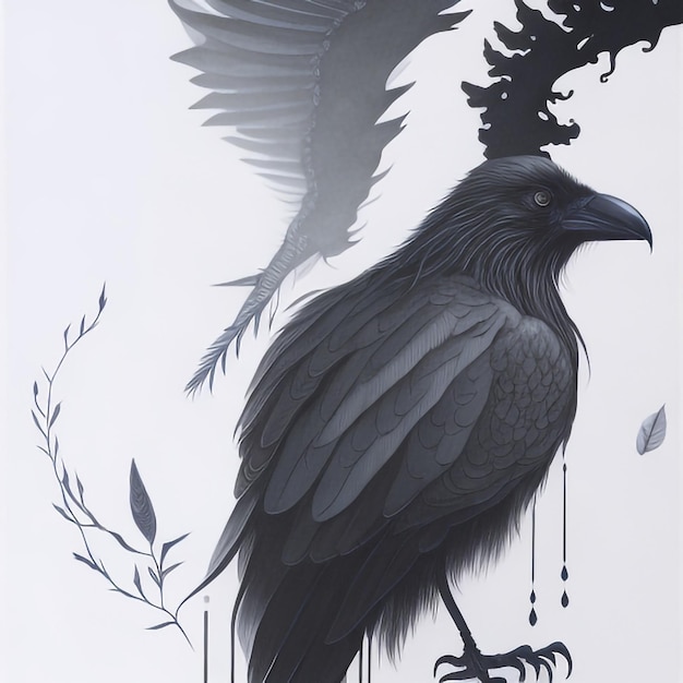 Photo ink drawing of a raven side profile moden