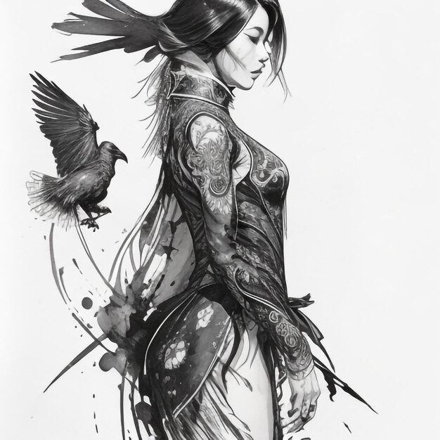 Чернильный рисунок бокового профиля ворона модерн