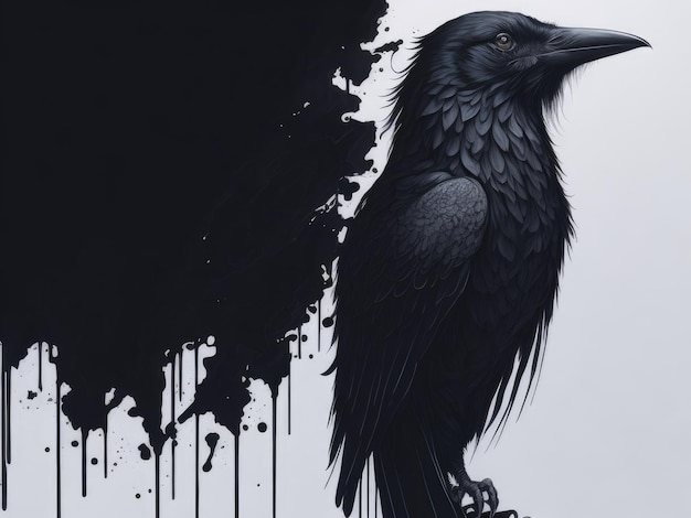 Photo ink drawing of a raven side profile on white background ai generative