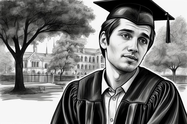 Ink Drawing University Graduate with Diploma Black and White Art