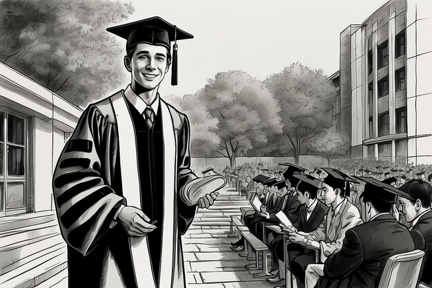 Ink Drawing University Graduate with Diploma Black and White Art