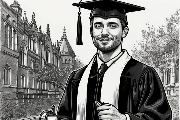 Ink Drawing University Graduate with Diploma Black and White Art