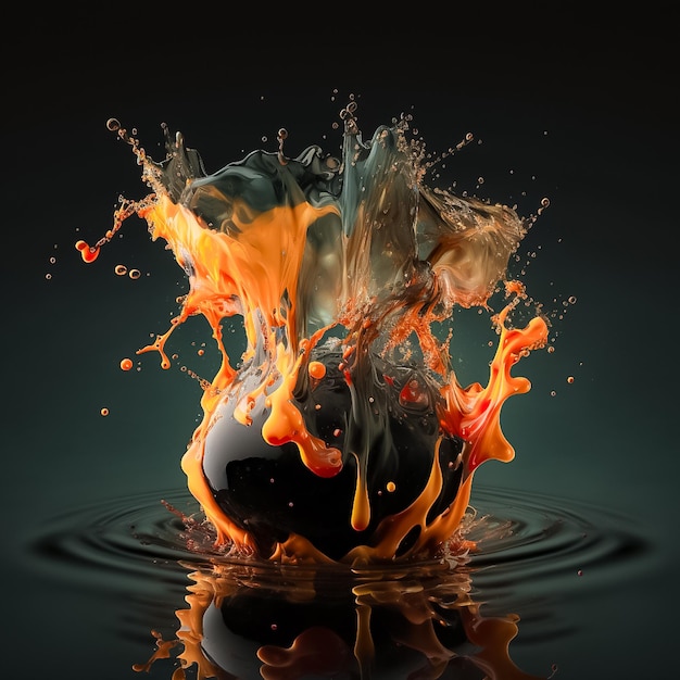 Чернила упали в воду, полупрозрачный красочный взрывающийся огненный шар на черном фоне Сгенерирован AI