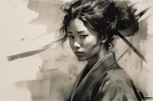 The ink painting depicts a beautiful female samurai in the style of Japanese art with flowing brushstrokes and delicate details capturing the grace and strength of the warrior Generative AI