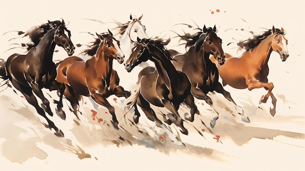 Photo ink painting illustration of galloping horses