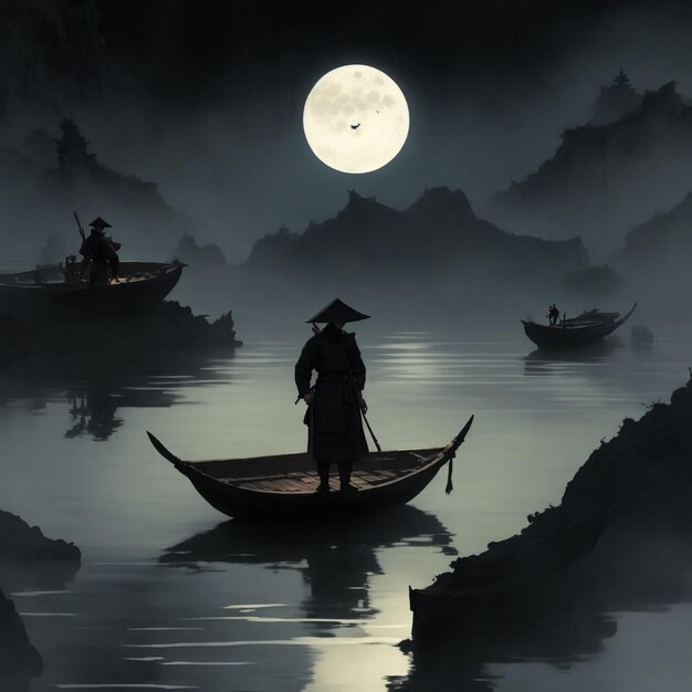 Ink painting of misty landscape with fisherme in a boat in traditional oriental minimalistic Japan