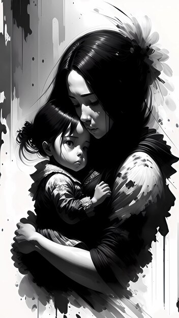 An ink painting of a mother hugging her child