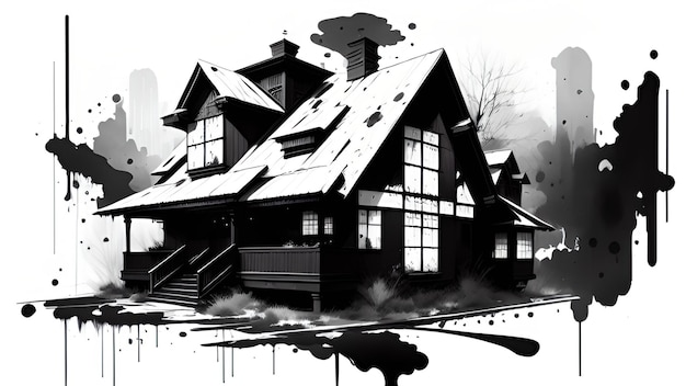 Ink Painting of an Vintage Wooden House