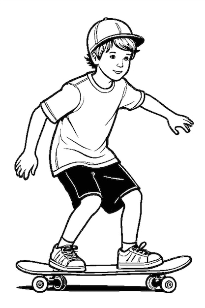 Photo ink sketch fun boy skateboarding in coloring book style generated by ai