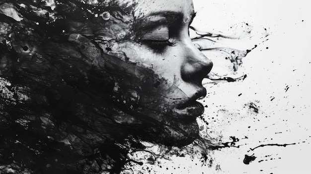 Ink splashes black and white silhouette of a woman39s face with her eyes closed