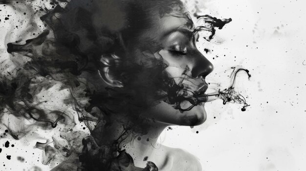 Photo ink splashes black and white silhouette of a woman39s face with her eyes closed