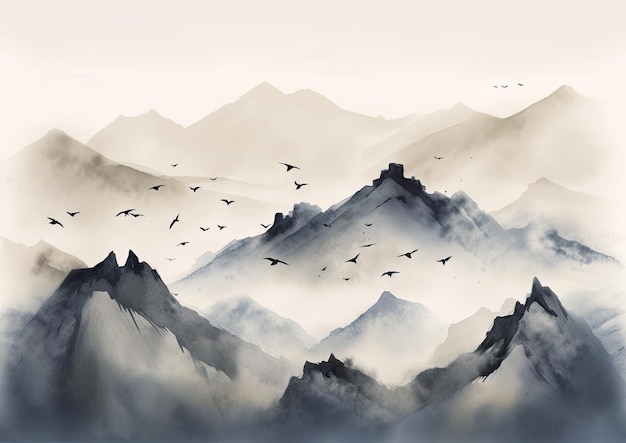 鳥が飛ぶ山を描いた水墨画