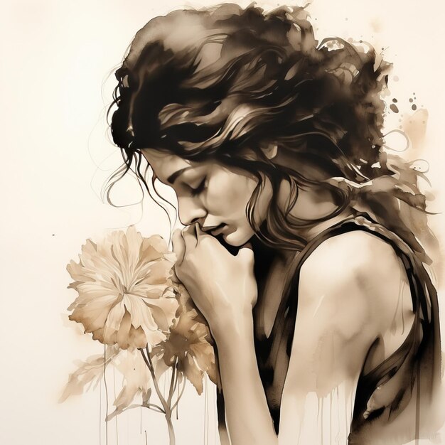 Ink wash portrait with floral whisper