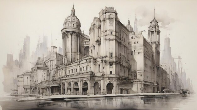 An ink wash representation of architectural beauty emphasizing structures buildings and urban land