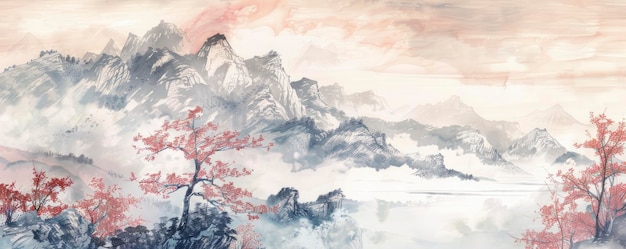 잉크와 세탁 평온 전통적인 중국 풍경 그림