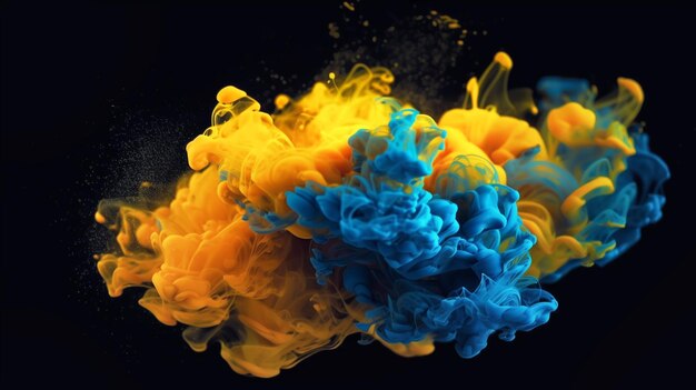 水の中のインク しぶきの青と黄色のペンキ 抽象的な背景色 ジェネレーティブ AI