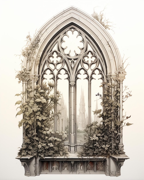 Inked drawing of a gothic window | Premium AI-generated image
