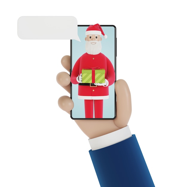 Inkomende oproep van de kerstman op het smartphonescherm Online kerstcadeaus online winkelen 3D-afbeelding in cartoonstijl