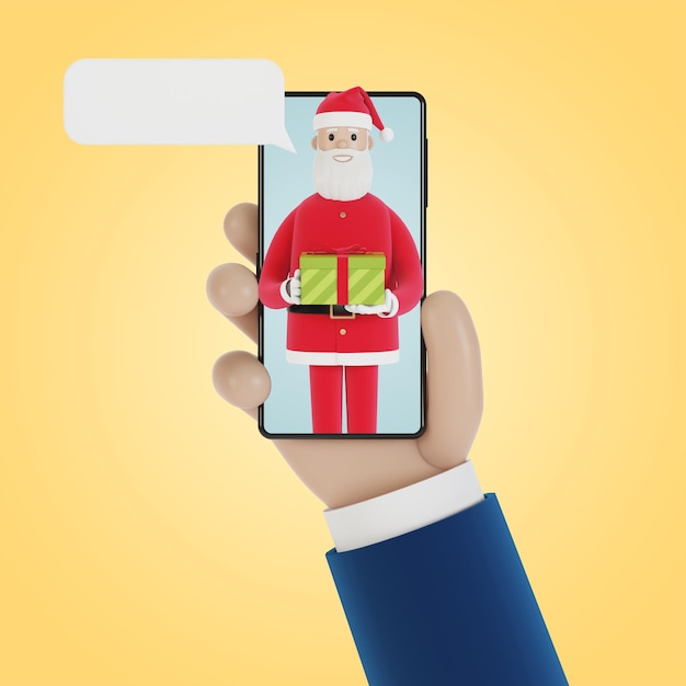 Inkomende oproep van de kerstman op het smartphonescherm Online kerstcadeaus online winkelen 3D-afbeelding in cartoonstijl