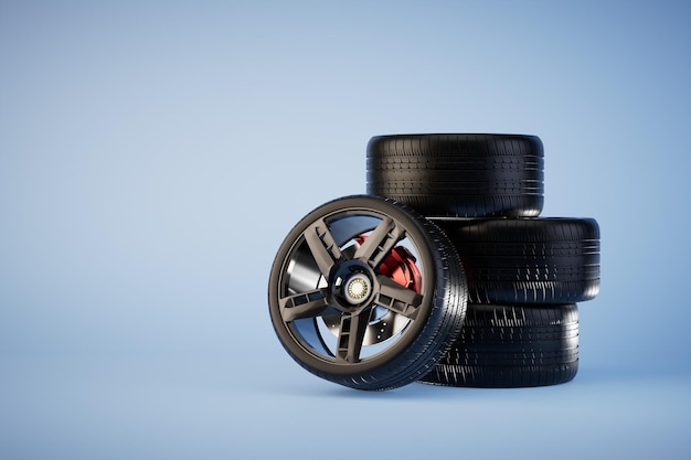 Inkomsten bij de bandenservice een stapel wielen van de auto op een blauwe achtergrond 3D renderen