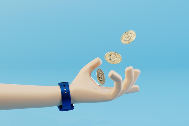 Inkomsten op cryptocurrency hand en bitcoin munten op een blauwe achtergrond 3D renderen