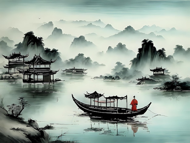 中国画 授かり 額縁入り 山水画 水墨画 中国画 授かり 額縁入り 山水画 水墨画