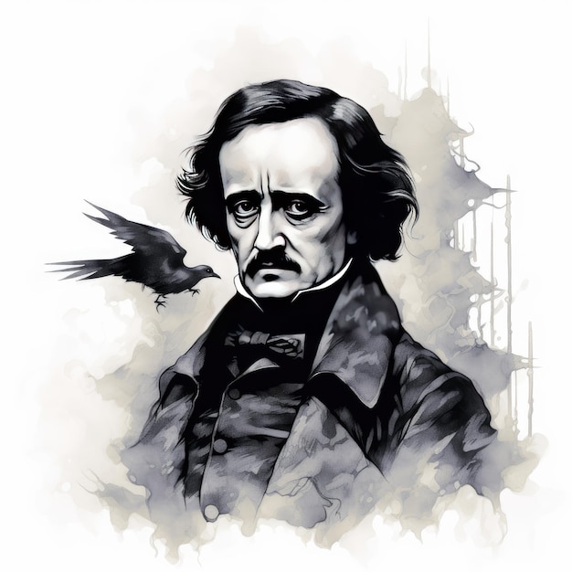 Inkstained Imagery Captivating Edgar Allan Poe Portrait in Monochromatic Brilliance