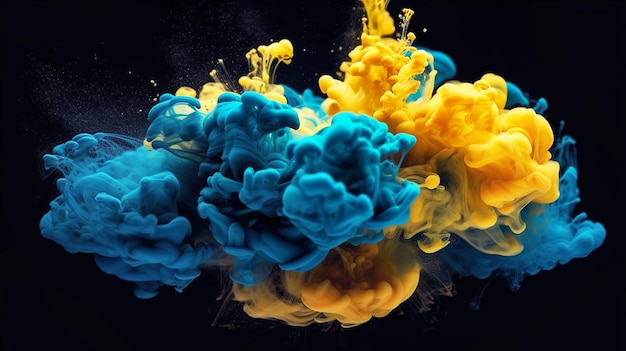 Inkt in het water Een plons blauwe en gele verf Abstracte achtergrondkleur Generatieve AI