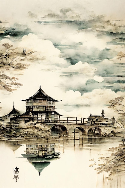 Inkt Japanse kunst van traditionele architectuur