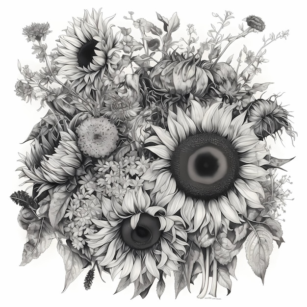 Inky Sunflower Splendor Collection of Detailed Black and White Bouquet Drawings