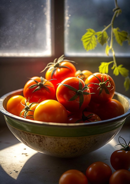 Inlandse tomaten in een bord in de tuin Generatieve AI
