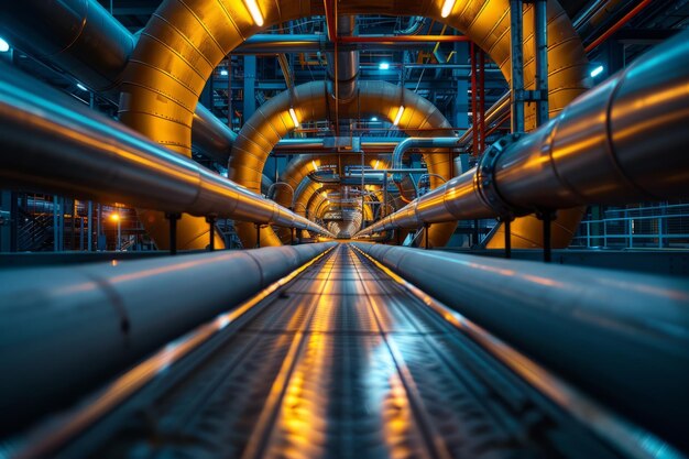 Photo the innards of a complex industrial facility with pipes and catwalks