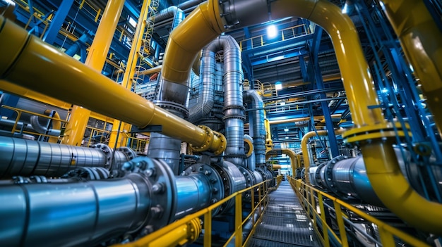 Photo the innards of a factory with yellow pipes