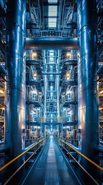 Photo the innards of a power plant with a long walkway in the center