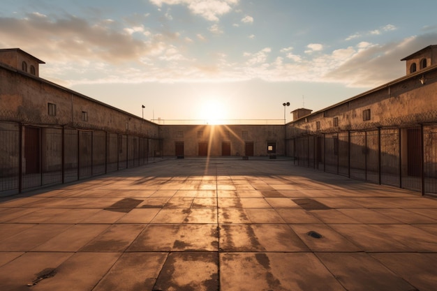 Inner courtyard of a prison with a sky with clouds and evening light