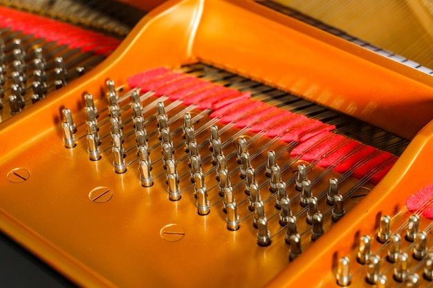 Inner details of luxury grand piano such as hammers strings and pins