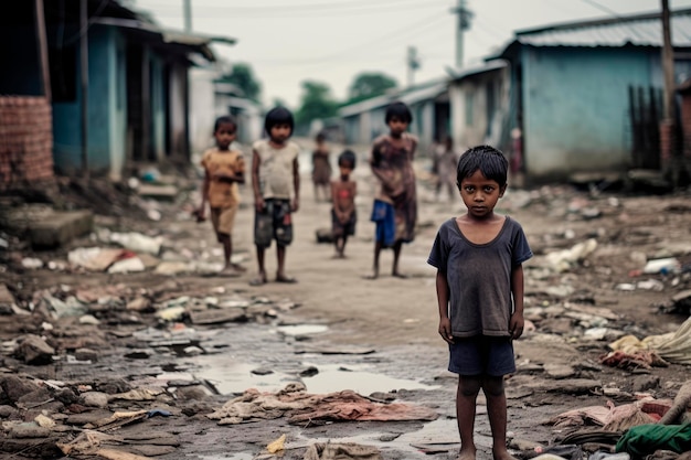 Innocence Amidst Poverty Kids with Poverty Houses in the Background Strength in Adversity