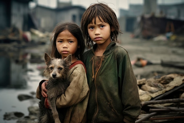 Innocence Amidst Poverty Kids with Poverty Houses in the Background Strength in Adversity