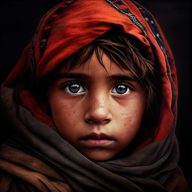 Innocence in Disguise A Captivating Portrait of a Child with Mesmerizing Eyes and a Turban Veil