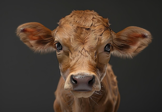 Innocence in the eyes detailed closeup of a young brown calf with expressive eyes and wet fur against a dark background