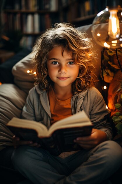 Photo innocent gaze of a child in a cozy reading nook