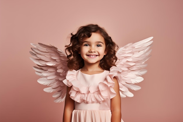 Innocent little girl wearing angel costume with wings on pastel pink background