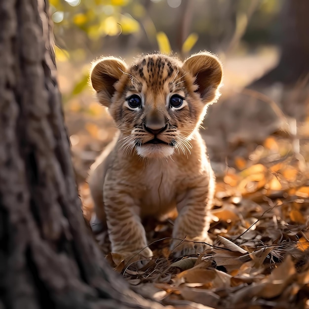 無邪気な表情の赤ちゃんライオン